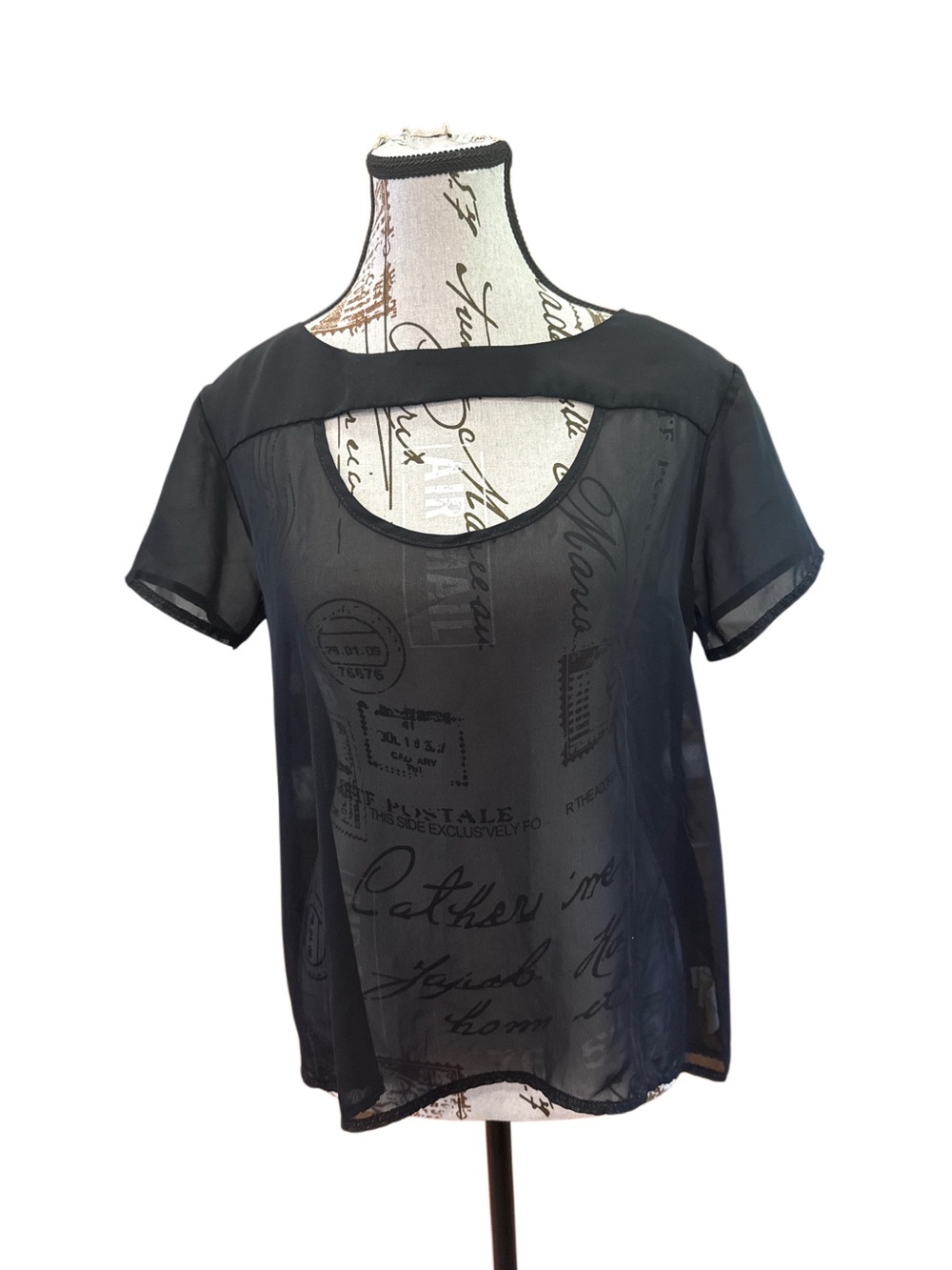 bebe Black Sheer Short-Sleeve Cutout Blouse, size small